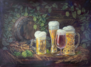 Painting titled "Golden hops with Cz…" by Natalia Mikhaylina, Original Artwork, Oil