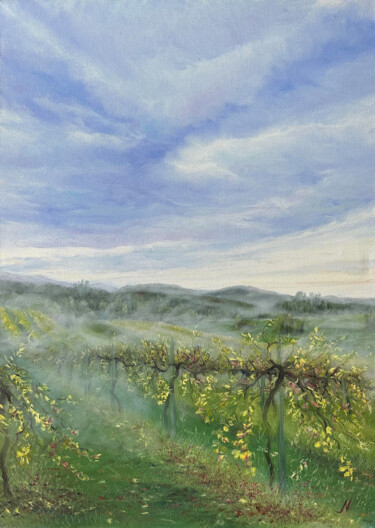 Painting titled "Morning mist in the…" by Natalia Mikhaylina, Original Artwork, Oil Mounted on Wood Stretcher frame