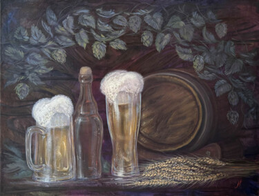 Painting titled "Beer and hops" by Natalia Mikhaylina, Original Artwork, Oil Mounted on Wood Stretcher frame