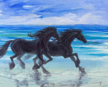 Painting titled "Friesian horses run…" by Natalia Mikhaylina, Original Artwork, Oil