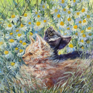 Painting titled "Kittens in Daisies" by Natalia Mikhaylina, Original Artwork, Oil