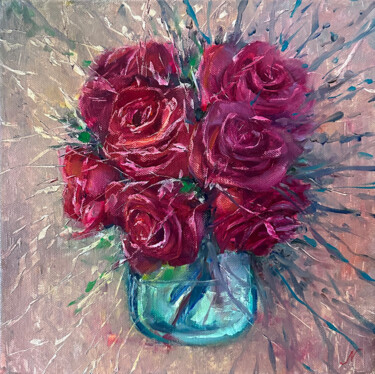 Painting titled "Bouquet of red roses" by Natalia Mikhaylina, Original Artwork, Oil
