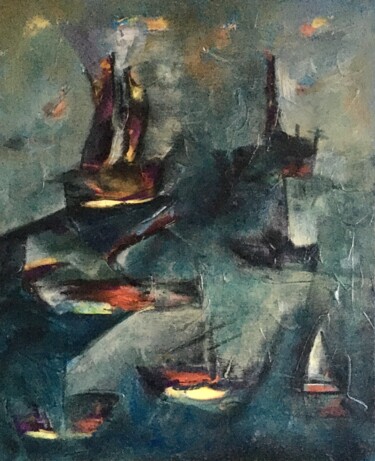 Painting titled "Barcos en choque 2" by Natalia Monastersky, Original Artwork, Oil
