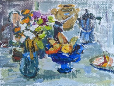 Painting titled "Blue Vase Impromptu…" by Natalia Nis, Original Artwork, Oil