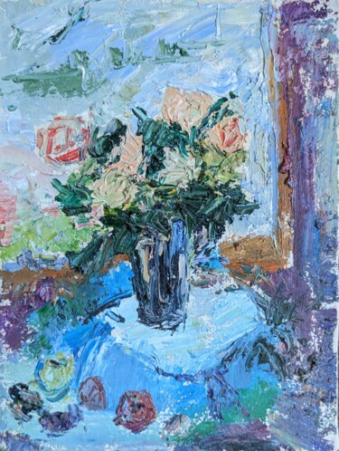 Painting titled "Roses in front of t…" by Natalia Nis, Original Artwork, Oil