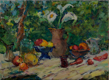 Pintura intitulada "Callas and fruits" por Natalia Nis, Obras de arte originais, Óleo