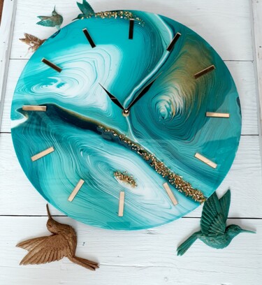 Painting titled "Clock -Turquoise" by Natalia Pechenkina, Original Artwork, Acrylic Mounted on Other rigid panel