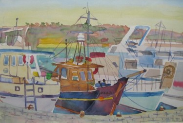 Painting titled "Boats at Harbout" by Natalia Piacheva, Original Artwork, Oil
