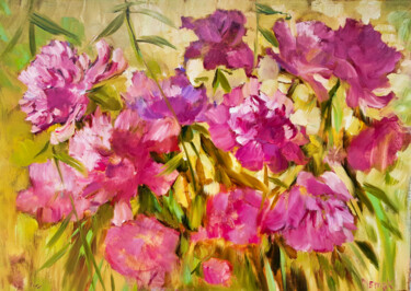 Painting titled "Peonies" by Natalia Pismak, Original Artwork, Oil Mounted on Wood Stretcher frame