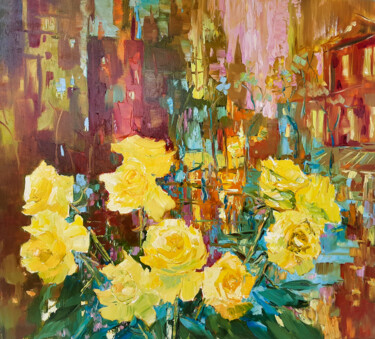 Painting titled "City Flowers" by Natalia Pismak, Original Artwork, Oil Mounted on Wood Stretcher frame