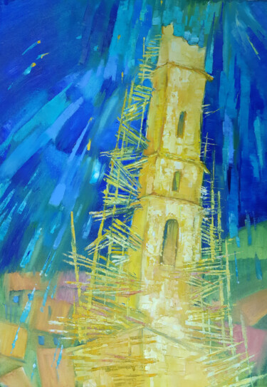 Painting titled "Leaning Tower" by Natalia Pismak, Original Artwork, Oil Mounted on Wood Stretcher frame