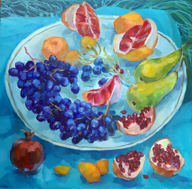 Painting titled "Fruit On a Plate" by Natalia Pismak, Original Artwork, Oil Mounted on Wood Stretcher frame