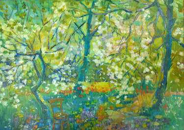 Painting titled "Garden Of My Childh…" by Natalia Pismak, Original Artwork, Oil Mounted on Wood Stretcher frame