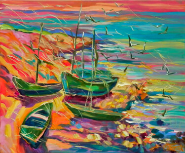 Painting titled "Boats" by Natalia Pismak, Original Artwork, Oil Mounted on Wood Stretcher frame
