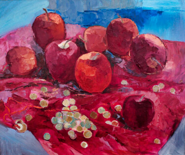 「Red Apples」というタイトルの絵画 Natalia Pismakによって, オリジナルのアートワーク, オイル 段ボールにマウント