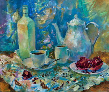 Painting titled "Tea with Liqueur" by Natalia Pismak, Original Artwork, Oil Mounted on Wood Stretcher frame