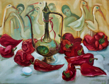 Painting titled "Still Life With Pep…" by Natalia Pismak, Original Artwork, Oil Mounted on Wood Stretcher frame