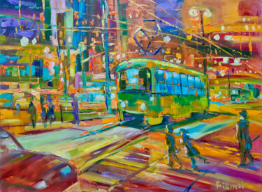 Malerei mit dem Titel "Evening Tram" von Natalia Pismak, Original-Kunstwerk, Öl Auf Keilrahmen aus Holz montiert
