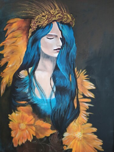 Painting titled "Panna w kwiatach" by Natalia Polivko, Original Artwork, Acrylic