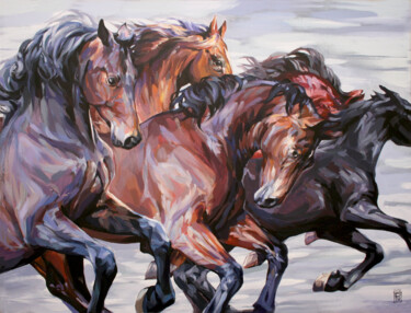 Painting titled "Arabian horses The…" by Natalia Rezanova, Original Artwork, Acrylic