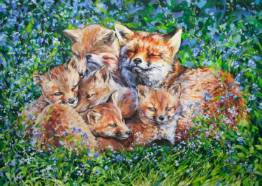 Malerei mit dem Titel "Fox kingdom" von Natalia Rezanova, Original-Kunstwerk, Acryl