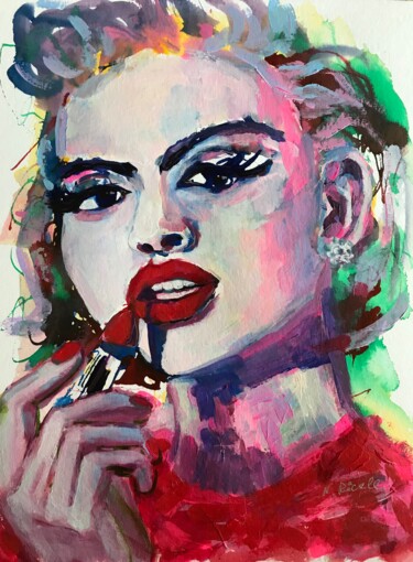 Painting titled "„ Woman with red li…" by Natalia Röckle, Original Artwork, Acrylic