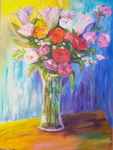 Painting titled "8th of March Flowers" by Natalia Sharoni, Original Artwork, Acrylic Mounted on Wood Stretcher frame