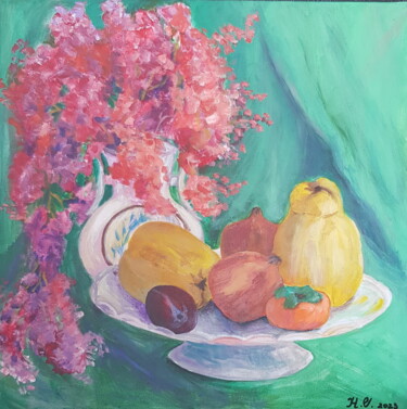 Painting titled "A Quince Still Life" by Natalia Sharoni, Original Artwork, Acrylic Mounted on Wood Stretcher frame