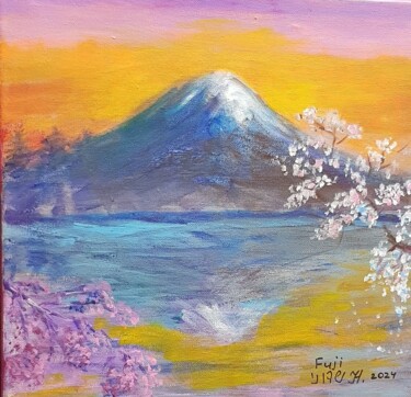 Painting titled "Fuji at Sunset" by Natalia Sharoni, Original Artwork, Acrylic Mounted on Wood Stretcher frame