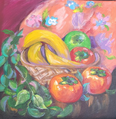 Painting titled "A Persimmon Still L…" by Natalia Sharoni, Original Artwork, Acrylic Mounted on Wood Stretcher frame