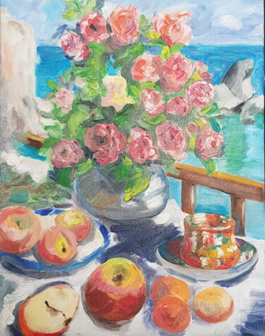 Painting titled "Roses K.Korovin" by Natalia Sharoni, Original Artwork, Oil Mounted on Wood Stretcher frame