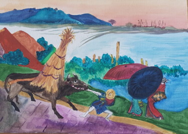 Painting titled "The Bay of Osaka. A…" by Natalia Sharoni, Original Artwork, Watercolor Mounted on Wood Stretcher frame