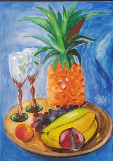 Painting titled "Pineapple Still Life" by Natalia Sharoni, Original Artwork, Watercolor Mounted on Wood Stretcher frame