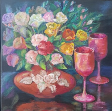 Painting titled "Roses on Black" by Natalia Sharoni, Original Artwork, Pastel Mounted on Wood Stretcher frame