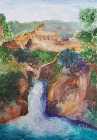 Schilderij getiteld "Waterfall" door Natalia Sharoni, Origineel Kunstwerk, Aquarel Gemonteerd op Karton