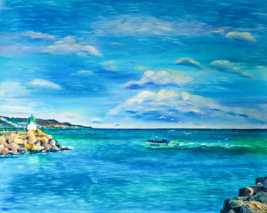 Painting titled "Lighthouse. Morning" by Natalia Shchipakina, Original Artwork, Oil Mounted on Wood Stretcher frame
