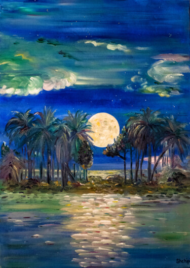 Painting titled "Palm trees in the m…" by Natalia Shchipakina, Original Artwork, Oil Mounted on Wood Stretcher frame