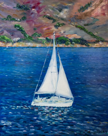 Painting titled "Sailboat. Costa Bra…" by Natalia Shchipakina, Original Artwork, Oil Mounted on Wood Stretcher frame