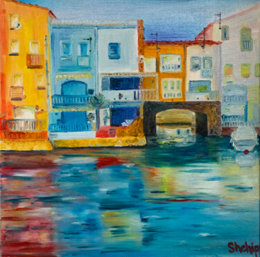 Painting titled "Houses on the canal…" by Natalia Shchipakina, Original Artwork, Oil Mounted on Wood Stretcher frame