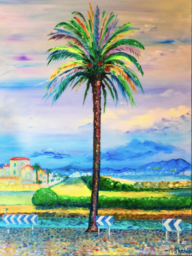 Painting titled "Palm tree on the ca…" by Natalia Shchipakina, Original Artwork, Oil Mounted on Wood Stretcher frame