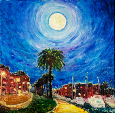 Painting titled "Moonlight" by Natalia Shchipakina, Original Artwork, Oil Mounted on Wood Stretcher frame