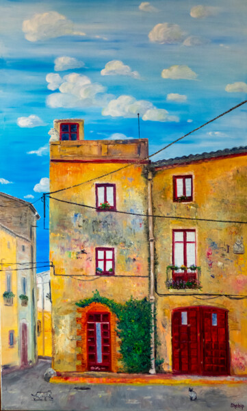 Painting titled "Old street. Quiet n…" by Natalia Shchipakina, Original Artwork, Oil Mounted on Wood Stretcher frame