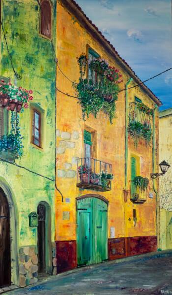 Painting titled "Old street. Сastell…" by Natalia Shchipakina, Original Artwork, Oil Mounted on Wood Stretcher frame