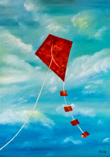 Painting titled "Red kite" by Natalia Shchipakina, Original Artwork, Oil Mounted on Wood Stretcher frame