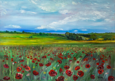Painting titled "Poppy field in Cata…" by Natalia Shchipakina, Original Artwork, Oil Mounted on Wood Stretcher frame