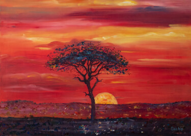 Painting titled "Sunset" by Natalia Shchipakina, Original Artwork, Oil Mounted on Wood Stretcher frame