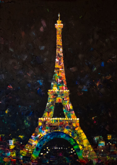 绘画 标题为“Night Paris” 由Natalia Shchipakina, 原创艺术品, 油 安装在木质担架架上