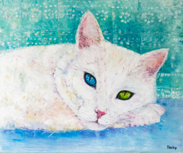 Painting titled "White cat - awakeni…" by Natalia Shchipakina, Original Artwork, Oil Mounted on Wood Stretcher frame