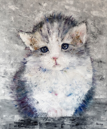 Schilderij getiteld "Kitten" door Natalia Shchipakina, Origineel Kunstwerk, Olie Gemonteerd op Frame voor houten brancard