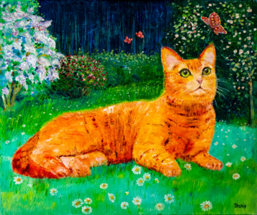 Картина под названием "Ginger cat in sprin…" - Natalia Shchipakina, Подлинное произведение искусства, Масло Установлен на Де…